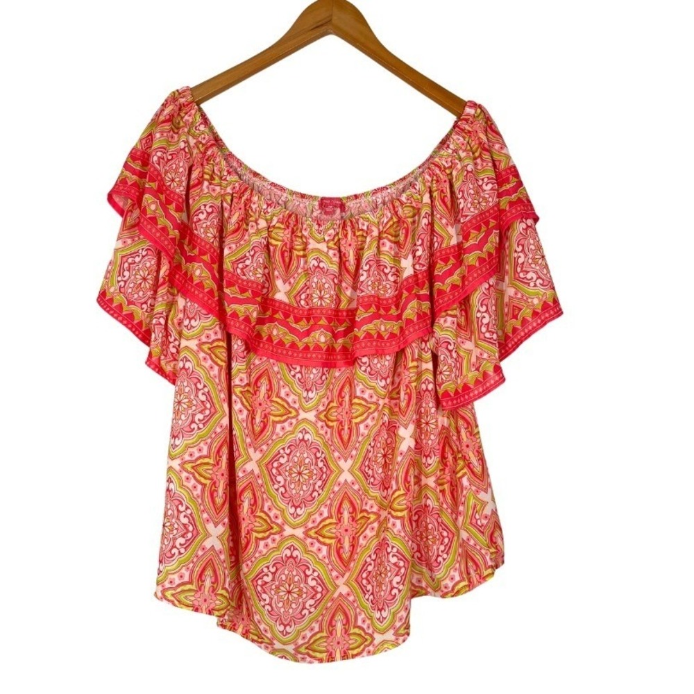 Flying Tomato Womens 1X Pink Green Paisley Off Shoulder Ruffle Top Boho Tropical